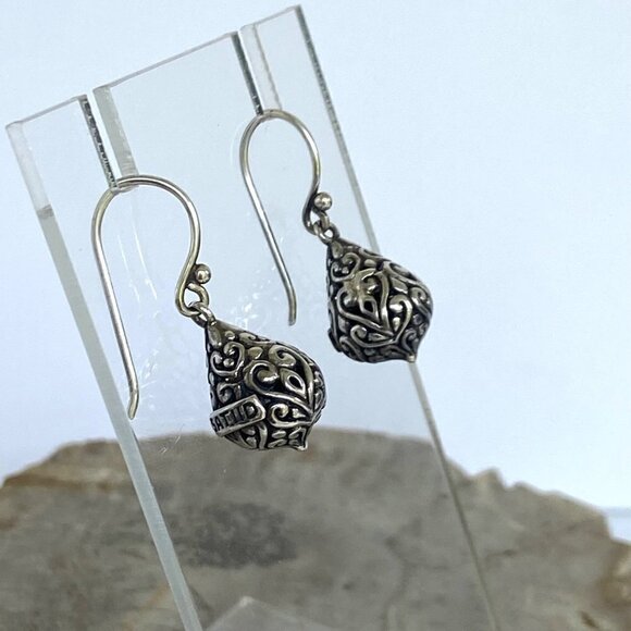 Sterling Silver ATI 925 Bali Style Scrollwork Hollow Teardrop Dangle Earrings - Picture 12 of 16